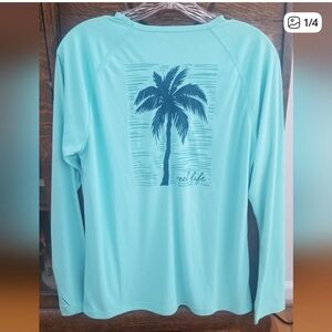 Aqua Long Sleeve Shirt with Palm Tree Design on back